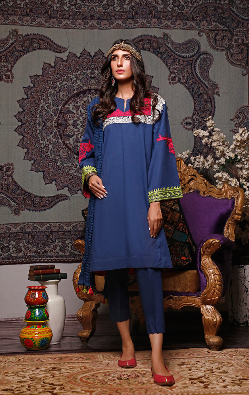 Dark Blue 2 PCs Dobby Embroidered